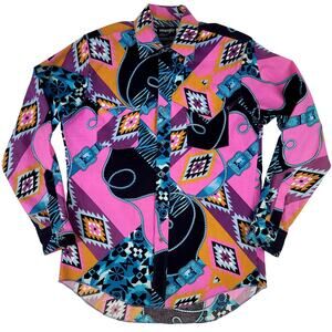 Vintage Wrangler Cowboy Cut Shirt Multicolor Western Aztec Print Sz 15 1/2 - 34